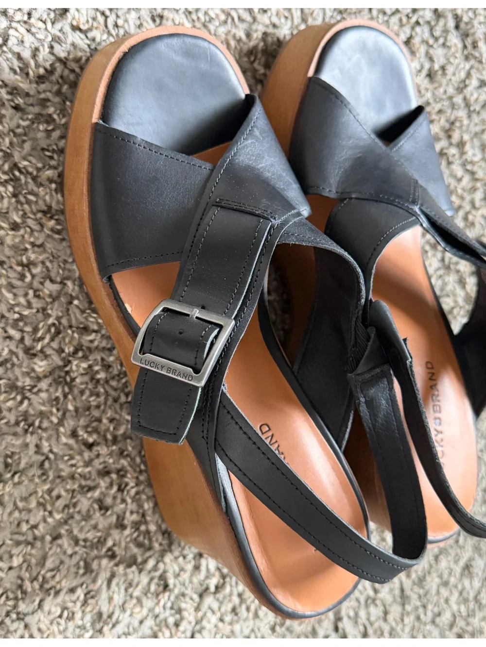 Lucky Brand Black Leather Wedge Sandals with Wood-Look Platform